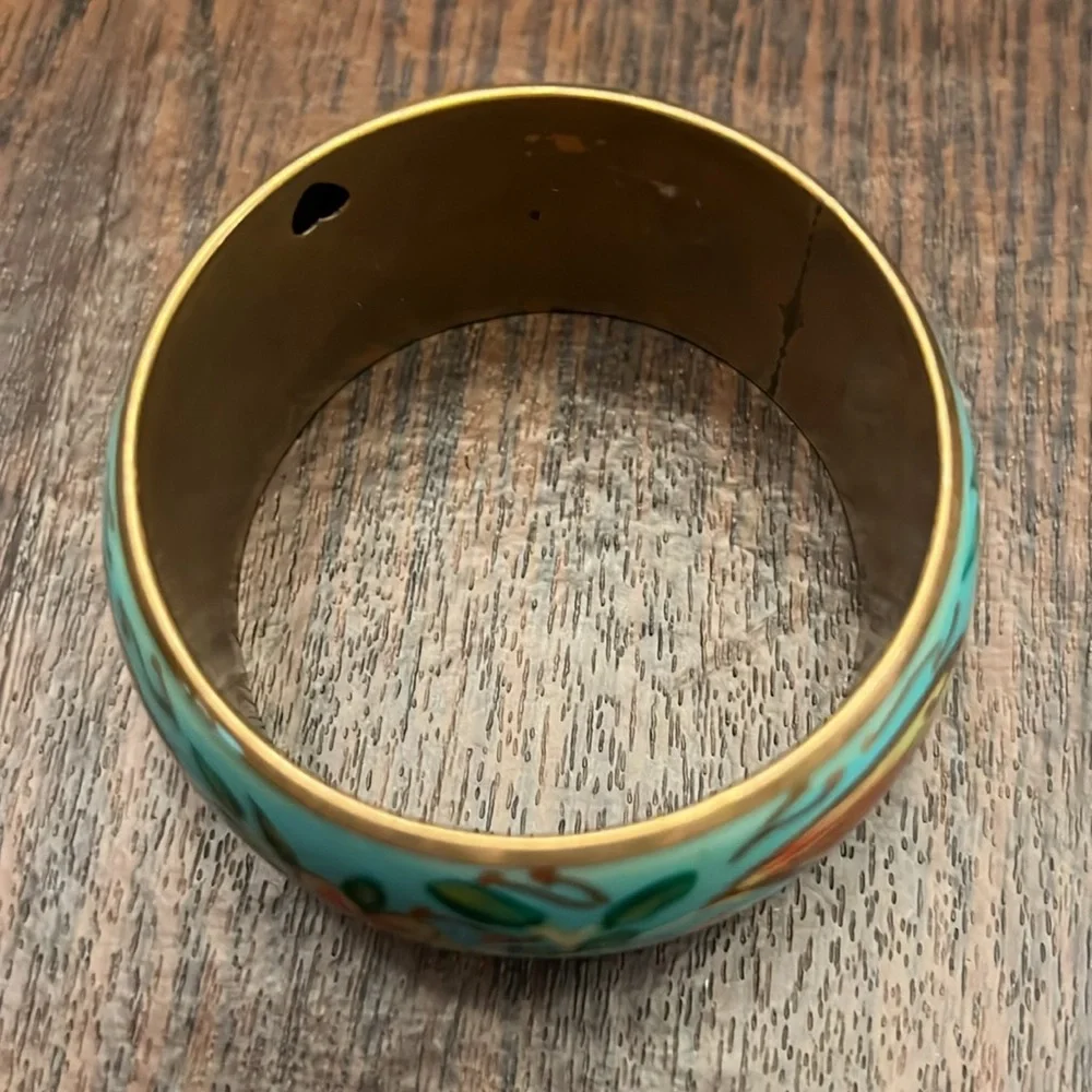 Teal and Gold Flower Bangle Bracelet - Picture 5 of 7